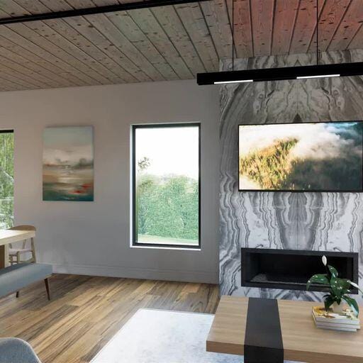 interior space with light hardwood / wood-style flooring and wood ceiling