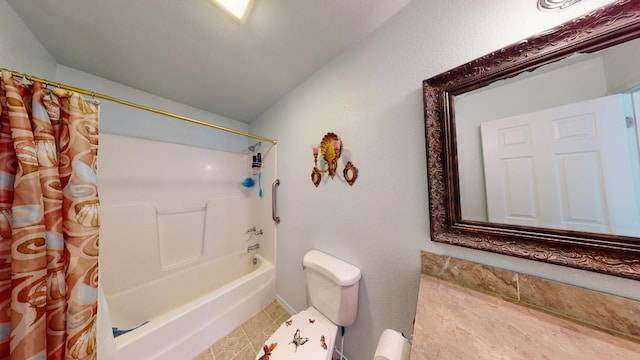 bathroom featuring tile floors, shower / bath combo with shower curtain, and toilet