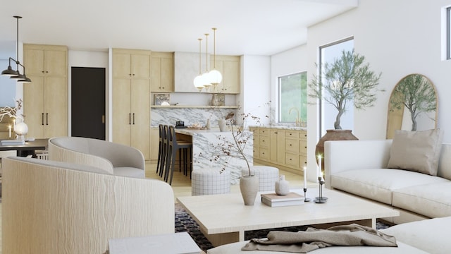 living room with an inviting chandelier, sink, and light wood-type flooring