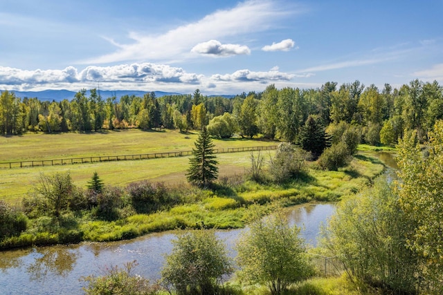 bird's eye view with a water view and a rural view