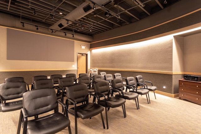 cinema room featuring carpet floors