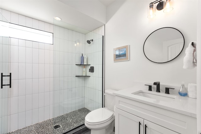 bathroom featuring a shower with door, vanity with extensive cabinet space, and toilet