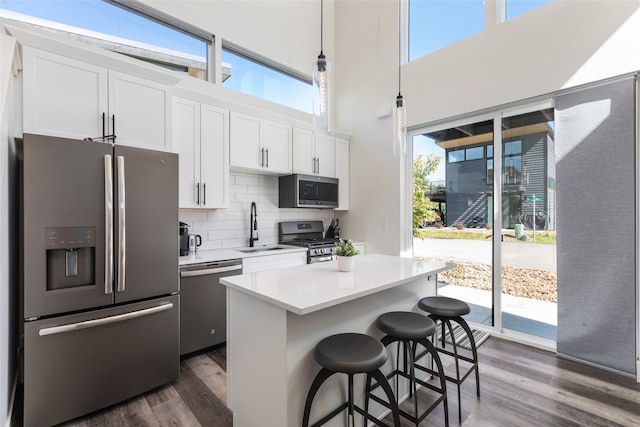 kitchen featuring white cabinetry, tasteful backsplash, dark wood-type flooring, and stainless steel appliances