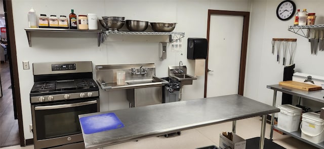 kitchen featuring stainless steel counters, stainless steel range with gas cooktop, and hardwood / wood-style flooring