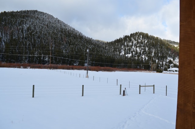 yard layered in snow featuring a mountain view