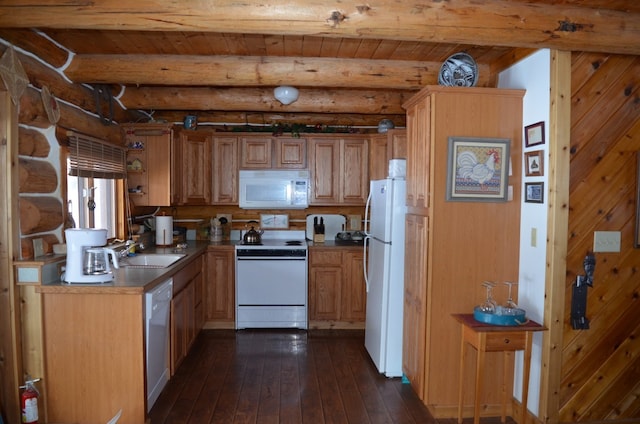 kitchen featuring dark hardwood / wood-style flooring, wood ceiling, white appliances, sink, and beam ceiling