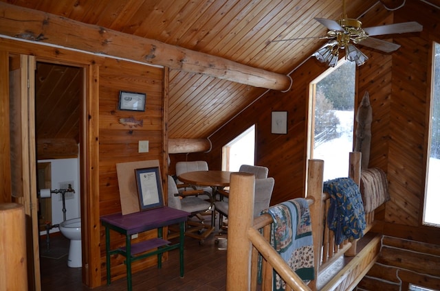 dining room with ceiling fan, dark wood-type flooring, lofted ceiling with beams, wooden walls, and wood ceiling