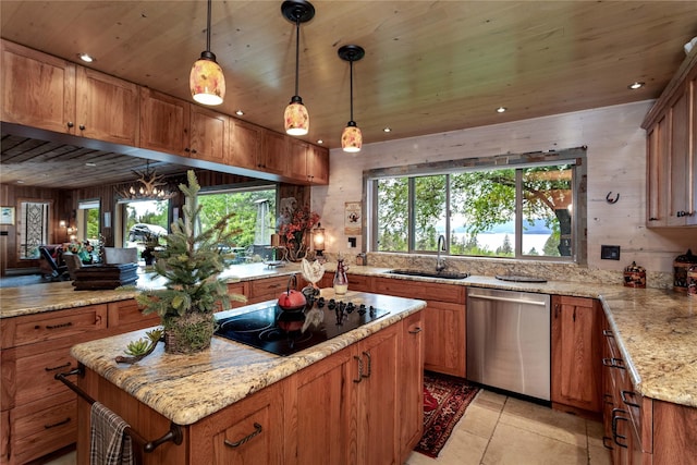 kitchen featuring dishwasher, sink, hanging light fixtures, black electric cooktop, and wood ceiling