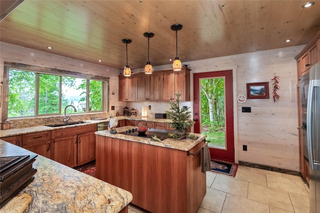 kitchen with sink, a center island, light stone countertops, and wood ceiling