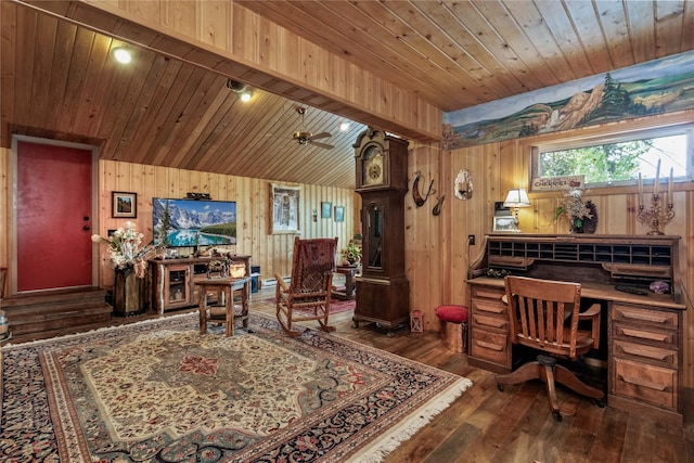 office featuring wooden walls, ceiling fan, wooden ceiling, and dark hardwood / wood-style floors