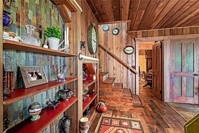 interior space with wooden walls, wood ceiling, and dark hardwood / wood-style floors