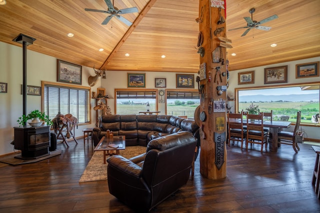 living room featuring dark wood-type flooring, ceiling fan, and a wood stove