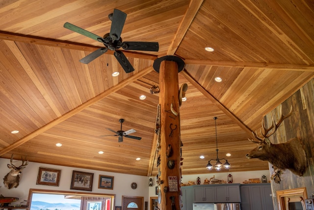 details featuring wood ceiling, fridge, and ceiling fan