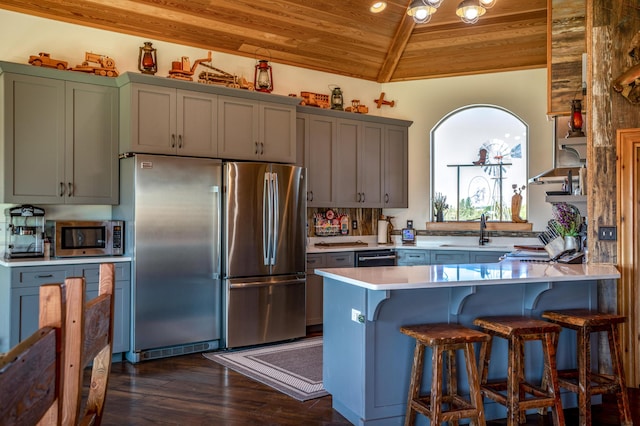 kitchen with wooden ceiling, dark wood-type flooring, appliances with stainless steel finishes, lofted ceiling, and sink