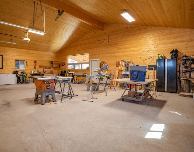 misc room featuring a workshop area, lofted ceiling with beams, and wooden ceiling