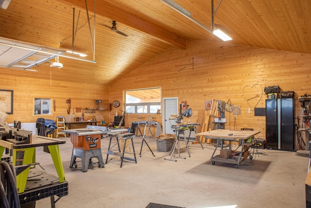 interior space with wood ceiling and vaulted ceiling with beams