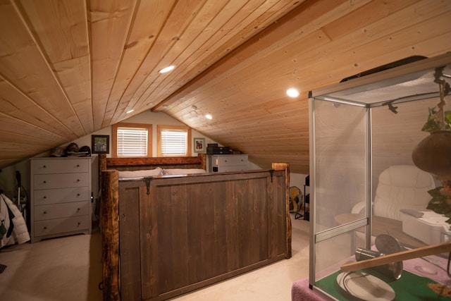 bedroom featuring light carpet, wooden ceiling, and vaulted ceiling