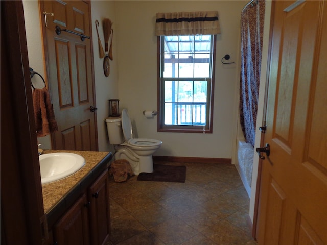 full bathroom with toilet, vanity, shower / bathtub combination with curtain, and tile flooring