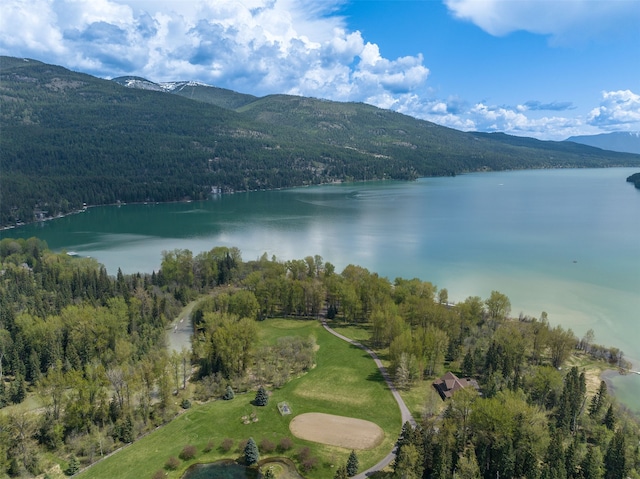 bird's eye view featuring a water and mountain view