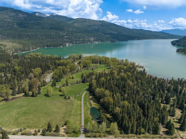 aerial view featuring a water and mountain view