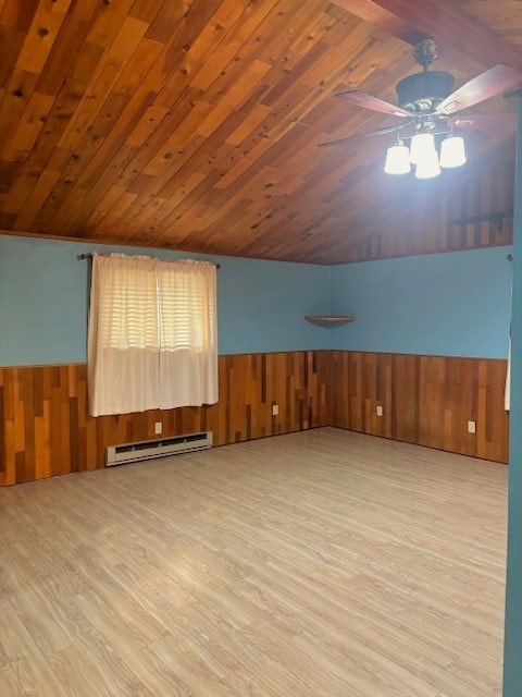 bonus room with ceiling fan, wood ceiling, a baseboard heating unit, and light wood-type flooring