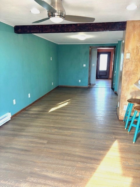 spare room featuring ceiling fan, beam ceiling, dark hardwood / wood-style floors, and a baseboard radiator