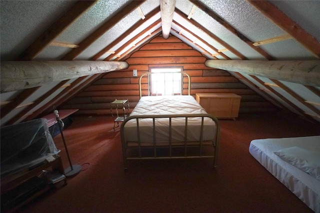 bedroom with log walls and vaulted ceiling with beams