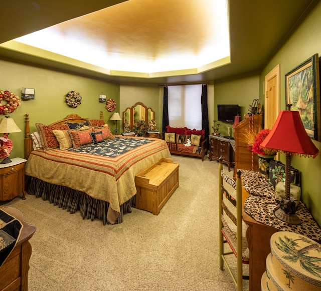 carpeted bedroom featuring a tray ceiling