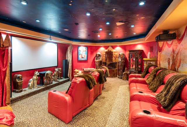 cinema featuring light colored carpet and a tray ceiling