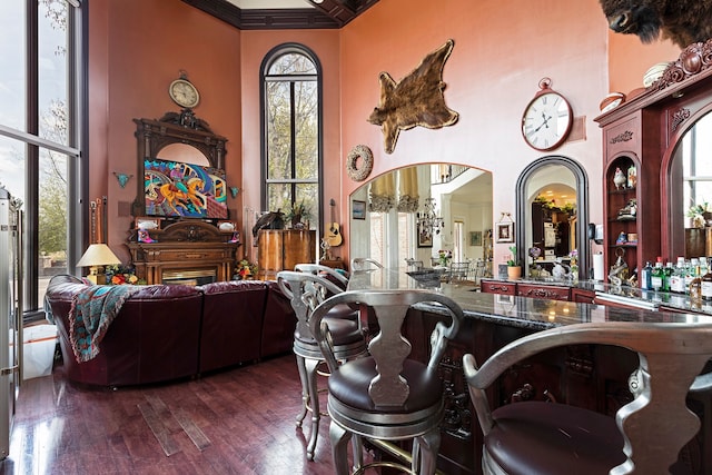 bar featuring dark hardwood / wood-style flooring, dark stone counters, ornamental molding, and a high ceiling