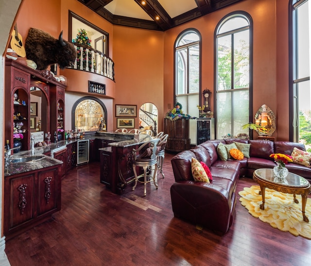 living room with a healthy amount of sunlight, coffered ceiling, dark wood-type flooring, and wine cooler