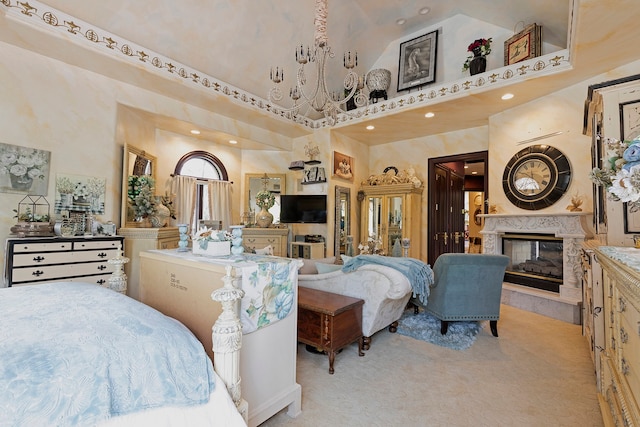 carpeted bedroom with a towering ceiling and a fireplace