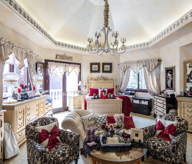 living room with a tray ceiling, vaulted ceiling, and a chandelier