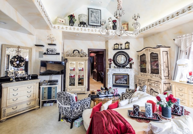 carpeted living room featuring an inviting chandelier and high vaulted ceiling