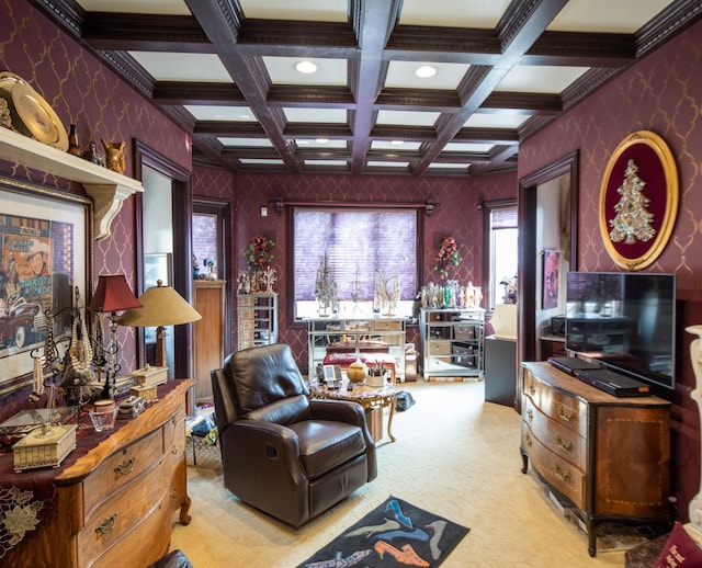 carpeted living room with coffered ceiling and beamed ceiling