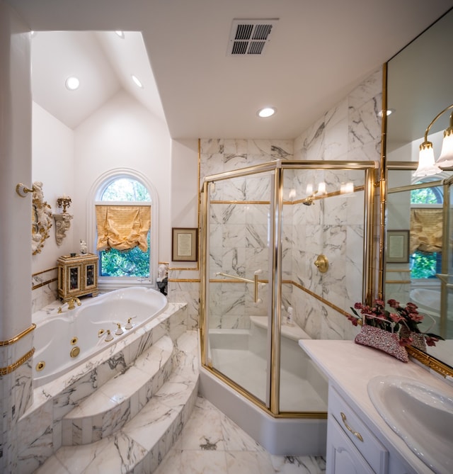 bathroom featuring lofted ceiling, tile flooring, separate shower and tub, and vanity