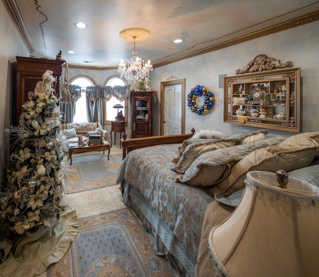 bedroom featuring a notable chandelier and crown molding