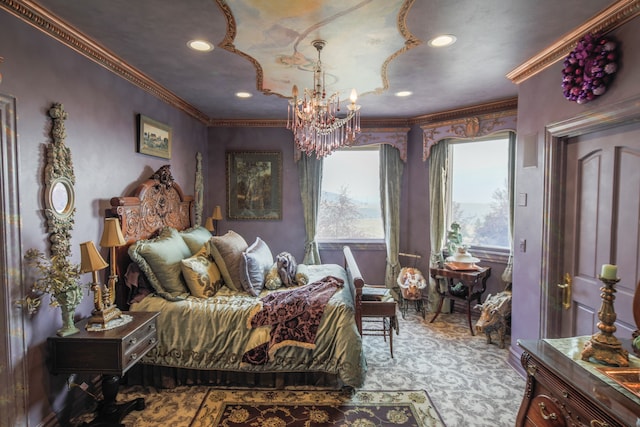 bedroom featuring a notable chandelier and crown molding