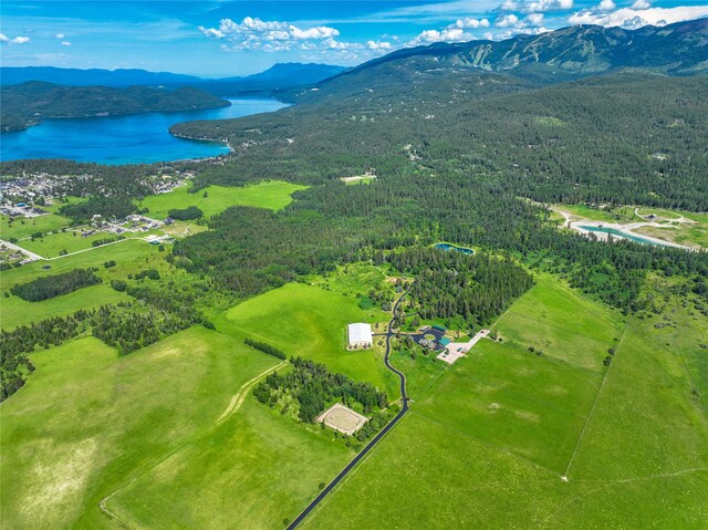 birds eye view of property with a water and mountain view