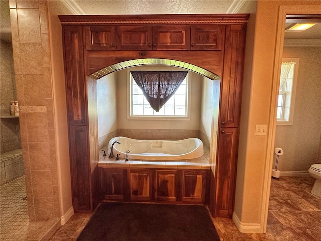 bathroom featuring a bathtub, ornamental molding, and toilet