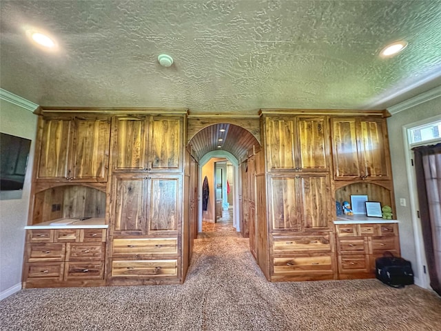 interior space featuring carpet flooring, a textured ceiling, and crown molding