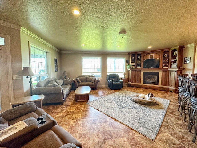 living room with a textured ceiling and ornamental molding