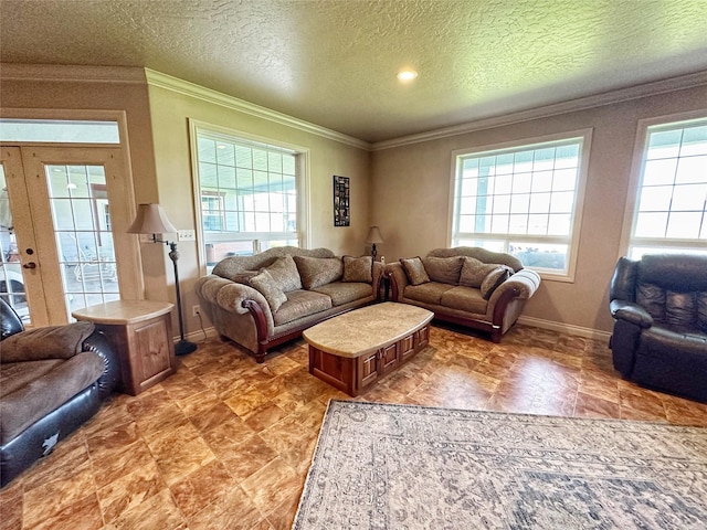 living room featuring a textured ceiling, crown molding, and a healthy amount of sunlight