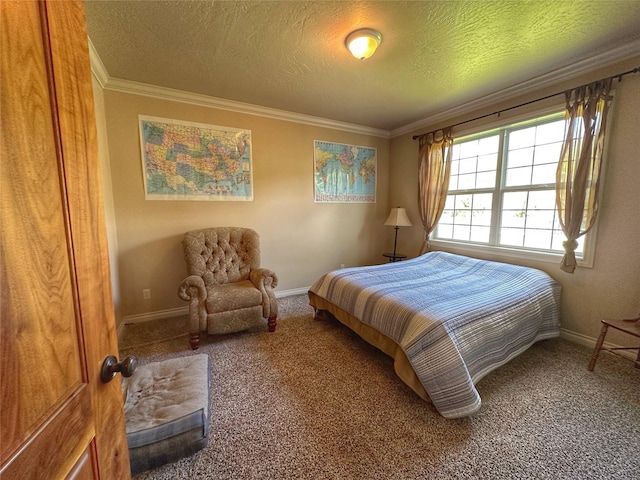 carpeted bedroom featuring a textured ceiling and crown molding