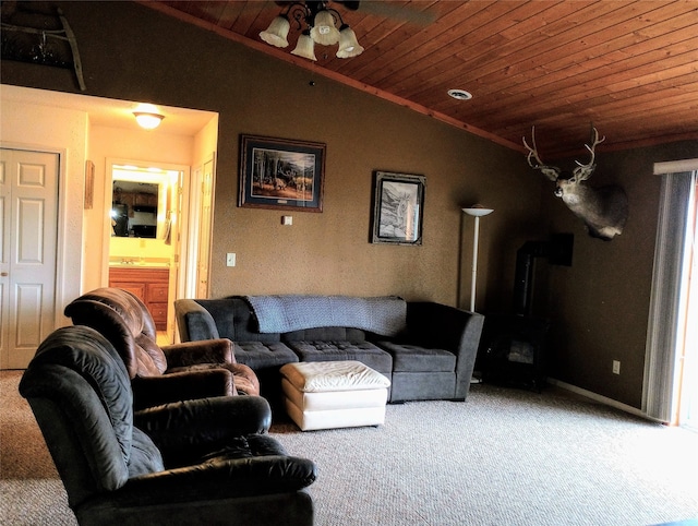 living room with ceiling fan, crown molding, carpet, wooden ceiling, and lofted ceiling