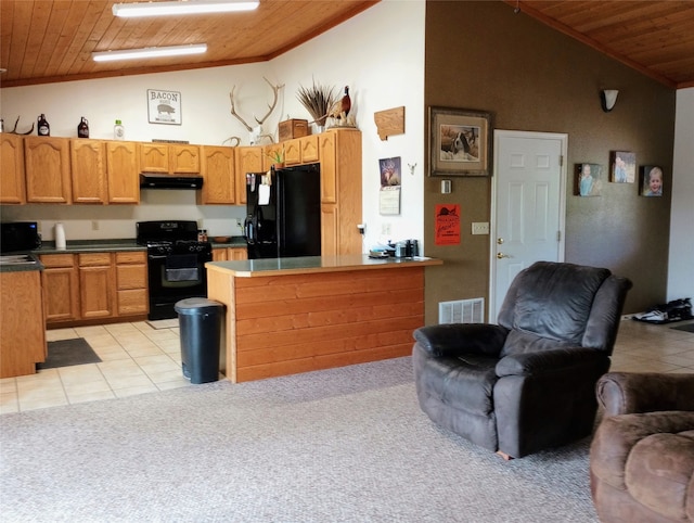 kitchen with light colored carpet, black appliances, and wooden ceiling