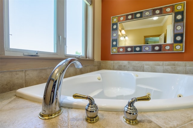 bathroom with a relaxing tiled tub