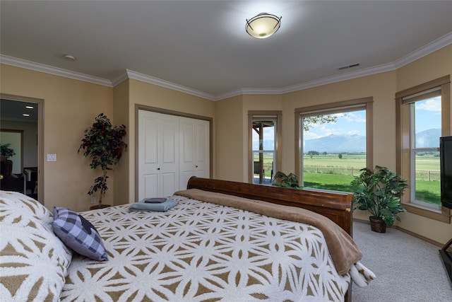 carpeted bedroom featuring multiple windows and ornamental molding