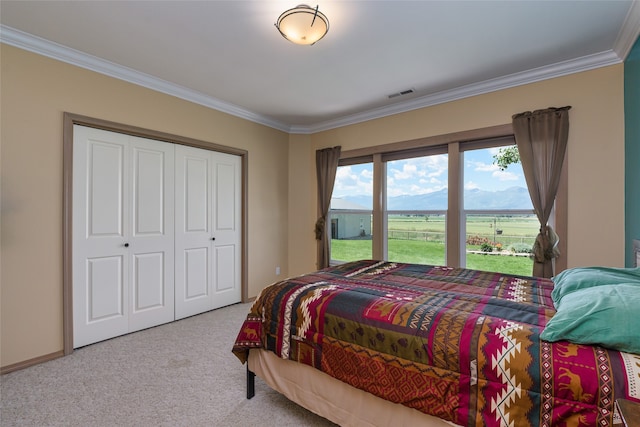 bedroom with a mountain view, a rural view, light colored carpet, and crown molding