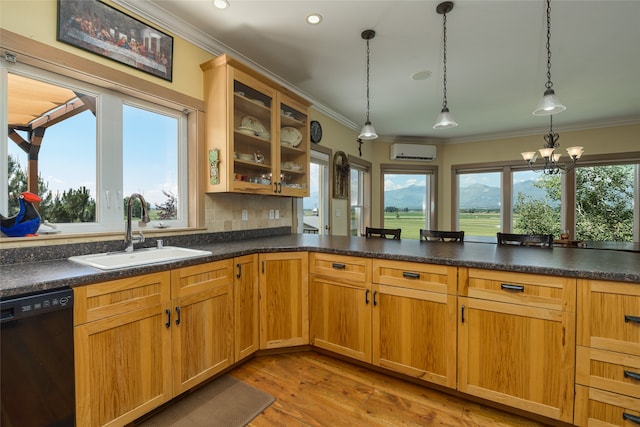 kitchen with tasteful backsplash, ornamental molding, sink, black appliances, and light hardwood / wood-style flooring